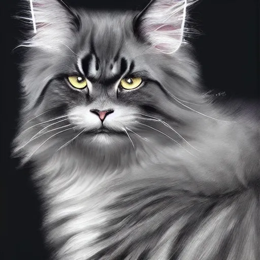 Image similar to a big old menacing dark grey maine coon cat with white belly, white paws and white face markings with long fur and fluffy tail, sitting, intricate, elegant, highly detailed, digital painting, artstation, concept art, matte, sharp focus, illustration, art by Artgerm and Greg Rutkowski and Alphonse Mucha