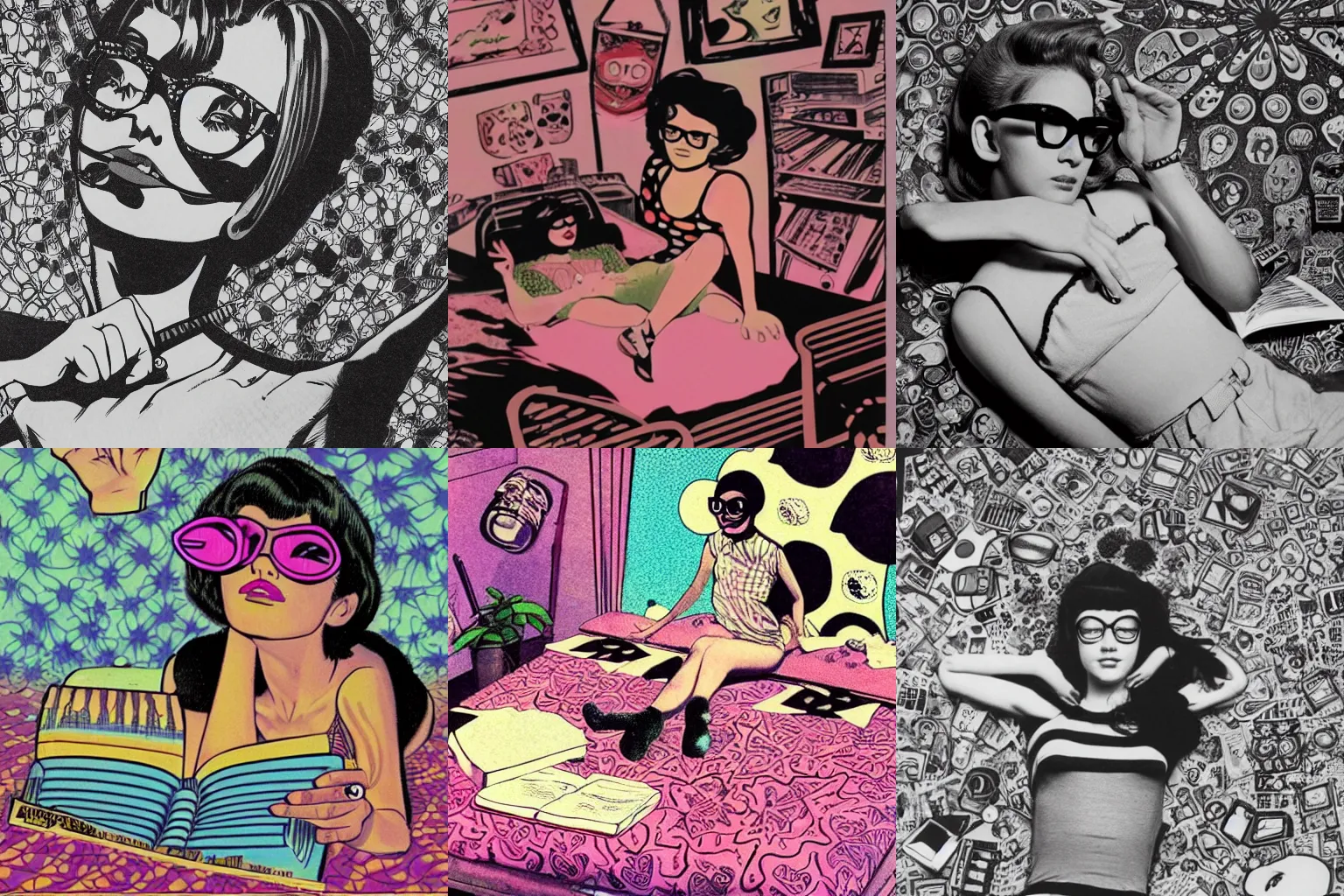 Prompt: realistic 1960s teenage girl, black pixie hair and ray ban glasses, laying over a victor moscoso room, trippy. lsd bedroom. writting on her diary