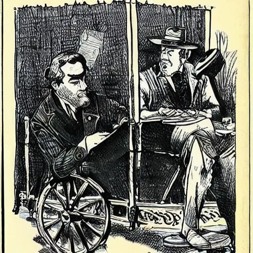 Image similar to Phileas Fogg and Detective Fix playing cards inside a wagon, Frank Miller drawing,