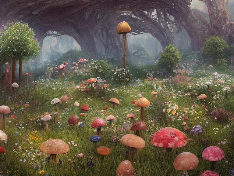 Image similar to the wasteland filled with giant flowers and mushrooms, au naturel, hyper detailed, digital art, trending in artstation, cinematic lighting, studio quality, smooth render, unreal engine 5 rendered, octane rendered, art style by klimt and nixeu and ian sprigger and wlop and krenz cushart