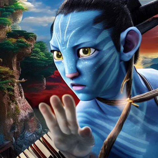 Image similar to Avatar the last airbender playing the piano, UHD, hyperrealistic render, 4k, highly detailed