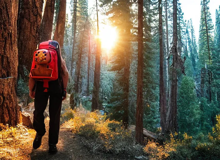 Prompt: a 2 8 mm macro kodachrome photo of a humanoid cyborg with glowing lights wearing a backpack hiking in yosemite national park in the 1 9 5 0's, seen from a distance, bokeh, canon 5 0 mm, cinematic lighting, film, photography, golden hour, depth of field, award - winning