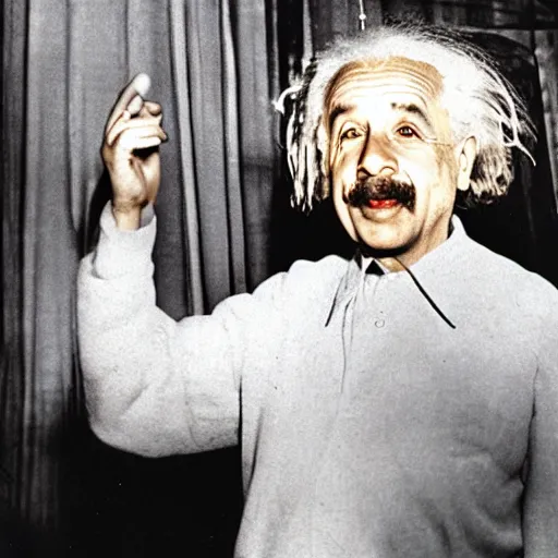 Image similar to color photograph of Albert Einstein DJ at a nightclub, in color, color photograph, colors