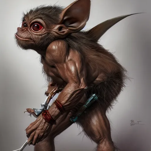 Image similar to portrait of a gizmo mogwai gremlin barbarian, muscular, wild, upper body, d & d, fantasy, intricate, cinematic lighting, highly detailed, digital painting, artstation, concept art, smooth, sharp focus, illustration, art by hajime sorayama