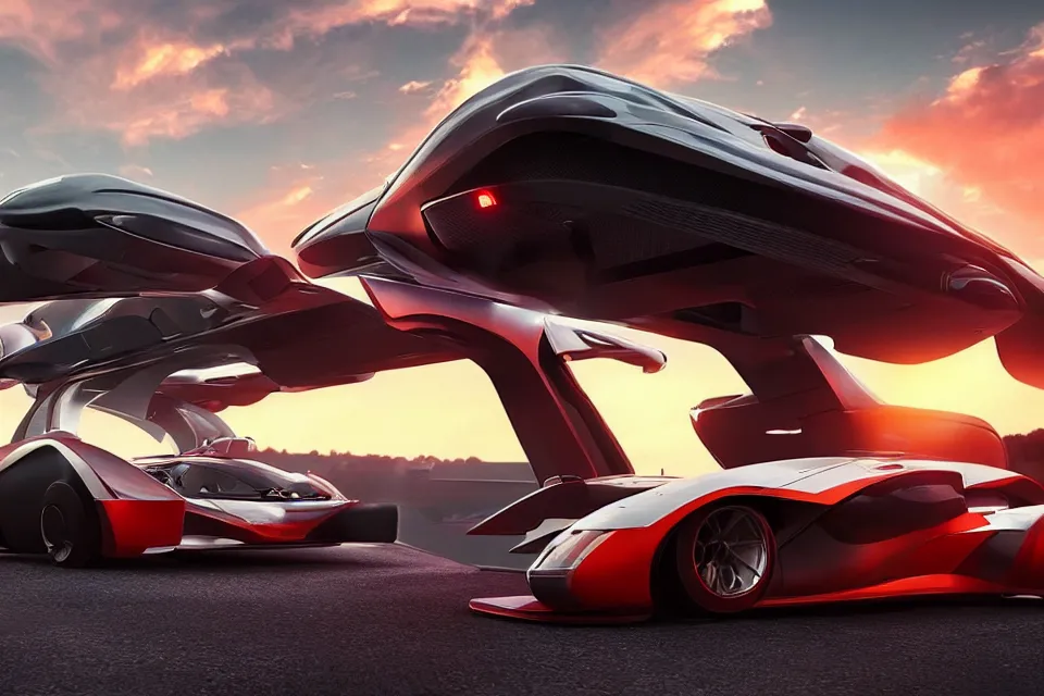Prompt: Futuristic Hover Car Le Mans Races In Italy Circa Year 10,0000 Designed by Syd Mead and Pininfarina, beautiful sunset, photorealistic, hyperrealistic, octane render, HDR, IG Studios Anime Style