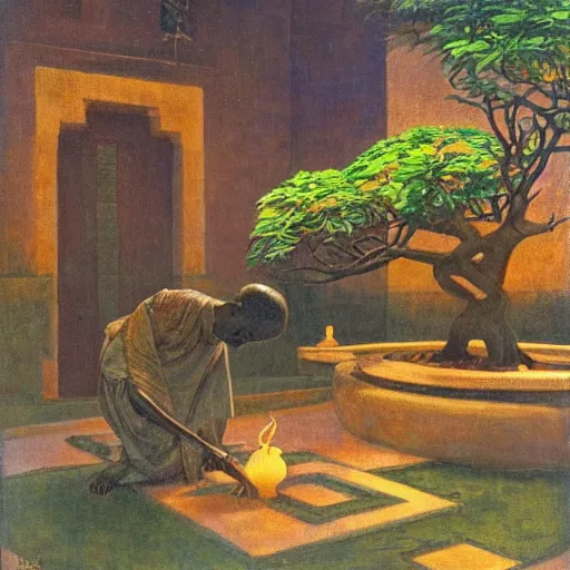 Image similar to Old African gardener cutting bonsai trees, isyllic Garden, by Annie Swynnerton and Nicholas Roerich and jean delville, glowing paper lanterns, strong dramatic cinematic lighting , ornate tiled architecture, lost civilizations, smooth, sharp focus, extremely detailed