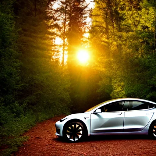 Image similar to renaissance painting of a tesla model 3 in a forest at sunset