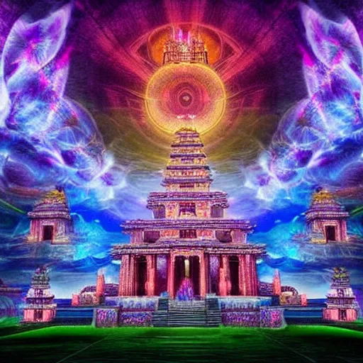 Image similar to a biggest temple of the world in magical universe, dreamy, magical effect, glowing effect, hyperreal, hyperdetailed