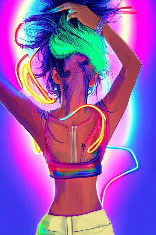 Image similar to a award winning half body portrait of a beautiful woman with stunning eyes in a croptop and cargo pants with rainbow colored ombre hairstyle head in motion and hair flying by thomas danthony, surrounded by whirling illuminated neon lines, outrun, vaporware, shaded flat illustration, digital art, trending on artstation, highly detailed, fine detail, intricate