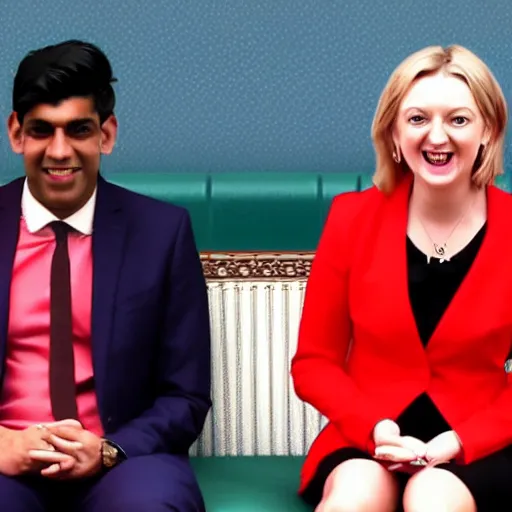 Image similar to Liz truss and Rishi sunak and the devil laughing together in parliament. Daily Telegraph.