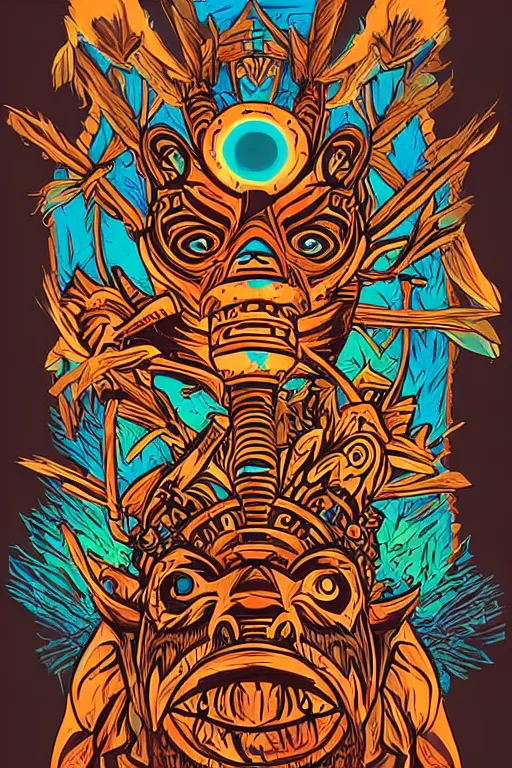 Image similar to totem animal mask tribal feather gemstone plant wood rock shaman vodoo video game vector illustration vivid color borderlands by josan gonzales and dan mumford radiating a glowing aura