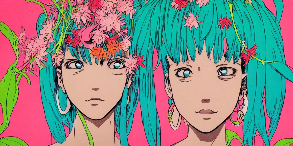 Prompt: risograph grainy painting of running man anime - like hero girl protagonist face, dull colors, with huge earrings, face covered with plants and flowers, by moebius and dirk dzimirsky and satisho kon, latex, close - up wide portrait, hyperrealistic