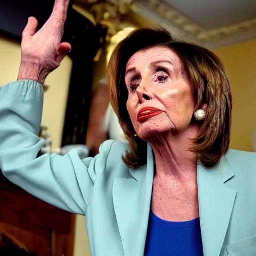 Image similar to nancy pelosi exhaling a huge hit that she took from her bong, award winning cinematic photography