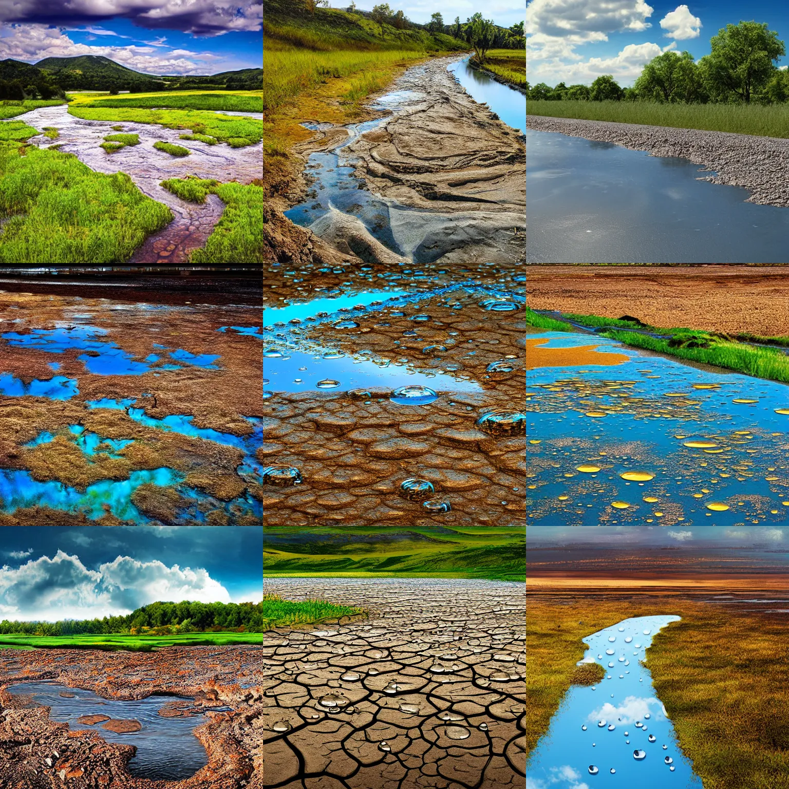 Prompt: Massive raindrops floating over dried up river, sunny weather, perfect blue sky saturated colors, hyper detailed photorealistic