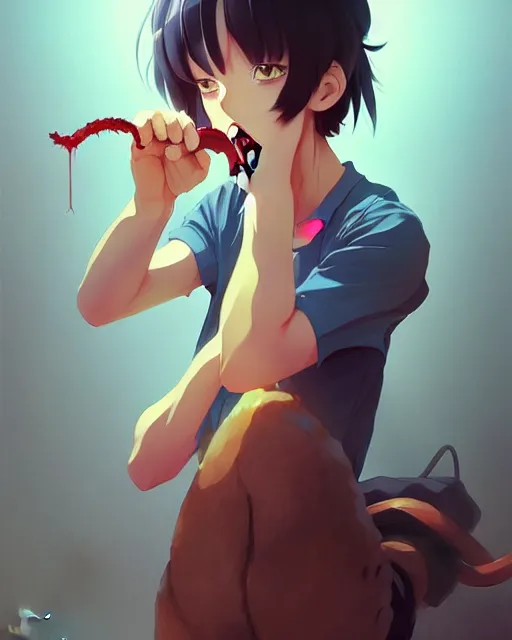 Image similar to cat eating, shinkai makoto studio ghibli studio key hideaki anno sakimichan stanley artgerm lau rossdraws james jean marc simonetti elegant highly detailed digital painting artstation pixiv