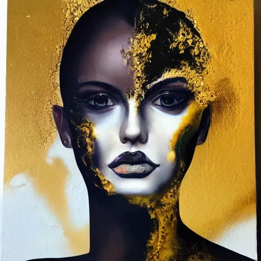 Image similar to liquid marble acrylic fluid paint, portrait, golden and black liquid materials, abstract art, beautiful female model standing, semi realism, surreal