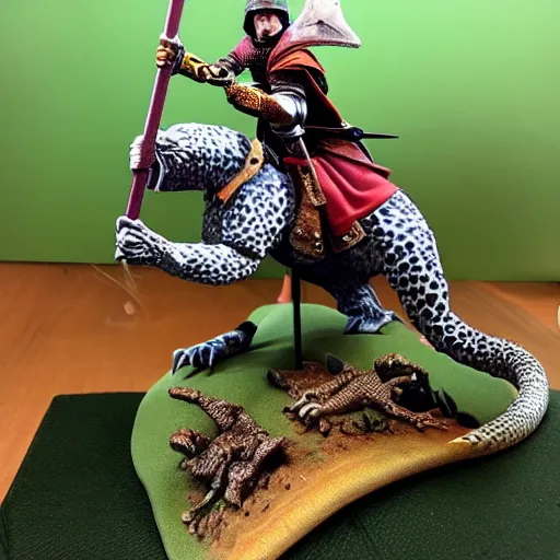 Image similar to A medieval knight riding on a giant leopard gecko, painted wargaming miniature