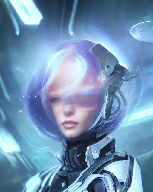 Image similar to perfect android girl on a mothership, warframe armor, beautiful face, scifi, futuristic, galaxy, nebula, raytracing, dreamy, long white hair, blue cyborg eyes, sharp focus, cinematic lighting, highly detailed, artstation, divine, by gauthier leblanc, kazuya takahashi, huifeng huang