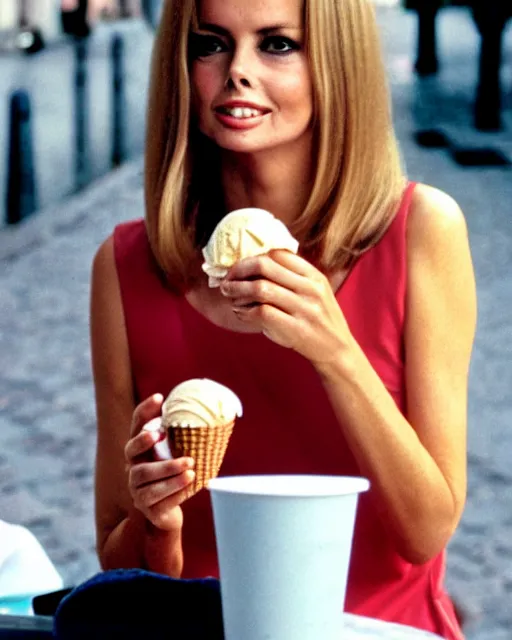 Image similar to portrait of a blonde barbara bach from the bond film eating ice creams in porto