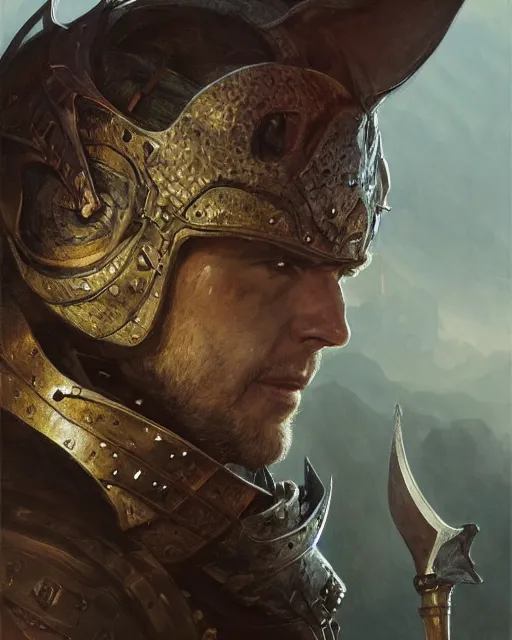 Image similar to '' Face portrait of a dragon adventurer with a leather armor holding a big sword getting ready for battle, d&d, fantasy, high detail, digital painting, artstation, concept art, sharp focus, illustration, art by greg rutkowski and alphonse mucha ''