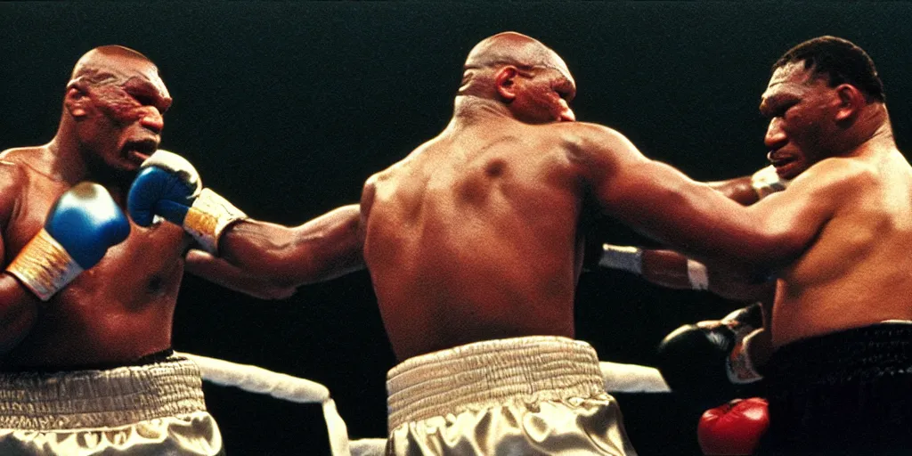 Prompt: detailed medium format photo, polaroid still from tarkovsky movie, mike tyson in a boxing match, haze, high production value, intricate details, 8 k resolution, hyperrealistic, hdr, photorealistic, high definition, tehnicolor, award - winning photography, masterpiece, amazing colors