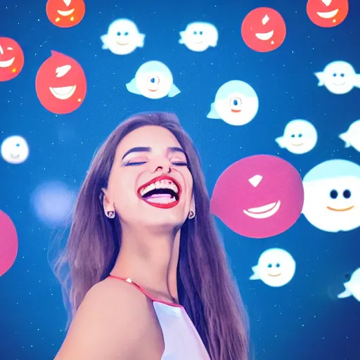Image similar to a high definition picture of a female influencer taking a selfie with graphical emoticons floating in the air