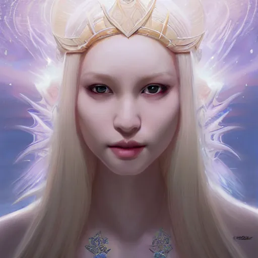 Prompt: A masterpiece portrait of a A albino gorgeous Asian elvish blonde girl with huge Diamond in her forehead. Goddess of North. trending on artstation, digital art, by Stanley Artgerm Lau, WLOP, Rossdraws, James Jean, Andrei Riabovitchev, Marc Simonetti, Yoshitaka Amano