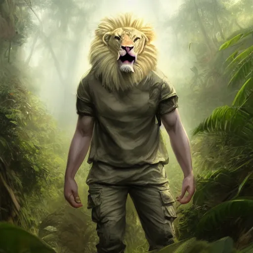 Image similar to commission portrait of a male anthro albino lion,wearing cargo pants and a boack t-shirt,going through a jungle cautiously.dramatic,character design by charles bowater,greg rutkowski,ross tran,hyperdetailed,hyperrealistic,4k,deviantart,artstation,professional photography,concept art