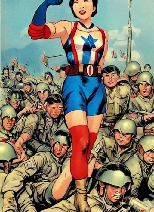 Image similar to beautiful female asian captain america standing on a pile of defeated, beaten and broken german soldiers. feminist captain america wins wwii. american wwii propaganda poster by james gurney. gorgeous face. overwatch