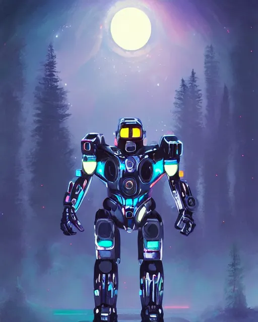 Image similar to professional painting of chrome mechsuits covered in reflective armor, beautiful moonlight, tron aesthetic, many glowing lights, beautiful forests and trees, art by Jason Chan and darek zabrocki and John Park and Feng Zhu, trending on artstation, masterpiece.