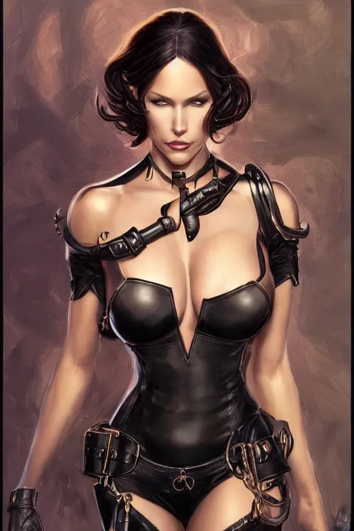 Prompt: Tabatha cash as a heroine in black leather, intricate, elegant, highly detailed, centered, digital painting, artstation, concept art, smooth, sharp focus, illustration, art by artgerm and donato giancola and Joseph Christian Leyendecker, Ross Tran, WLOP