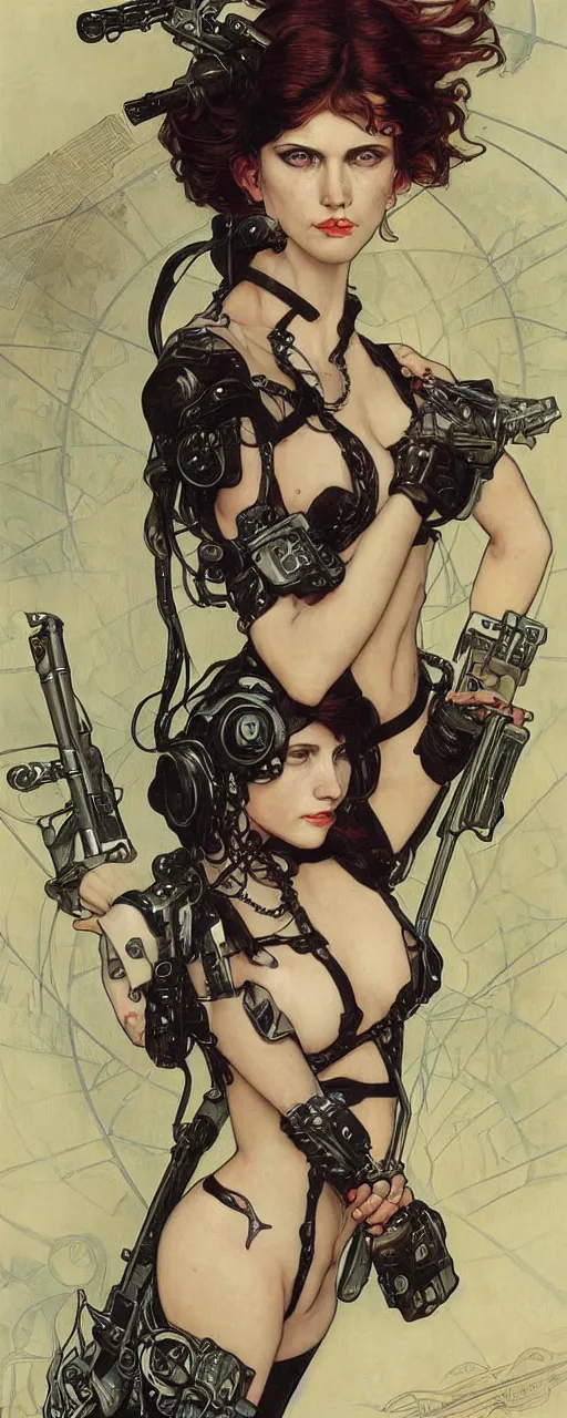 Image similar to striking sensual industrial art nouveau style portrait of cristina franco as a cyberpunk heavy metal rebel soldier by travis charest, simon bisley and alphonse mucha, photorealism, extremely hyperdetailed, perfect symmetrical facial features, perfect anatomy, ornate declotage, weapon, latex, excited expression, wild eyes