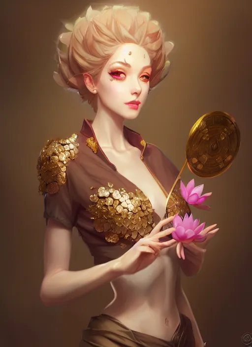 Image similar to female magician, wide angle view, lotus, flowers, gold, diamonds, highly detailed, artgerm, cushart krenz, artstation, soft light, sharp focus, illustration, character design, concept art