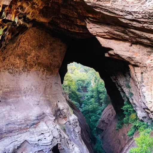 Prompt: a large cave entrance encompassing 1 0 miles in a large canyon. dream like, surreal.