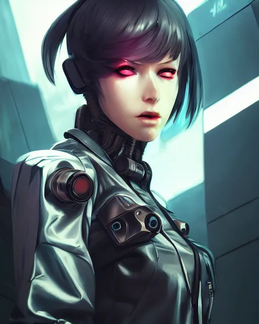 Prompt: beautiful female assassin, cyberpunk streetwear, cybernetic features, laser eyes, detailed portrait, cell shaded, 4 k, vivid colours, concept art by wlop, ilya kuvshinov, artgerm, krenz cushart, greg rutkowski, pixiv. cinematic dramatic atmosphere, sharp focus, volumetric lighting, cinematic lighting, studio quality