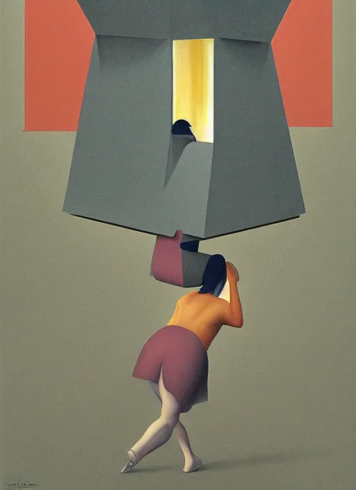 Image similar to isometric woman in paper bag over the head and a sward information overload from facebook Edward Hopper and James Gilleard, Zdzislaw Beksinski, highly detailed