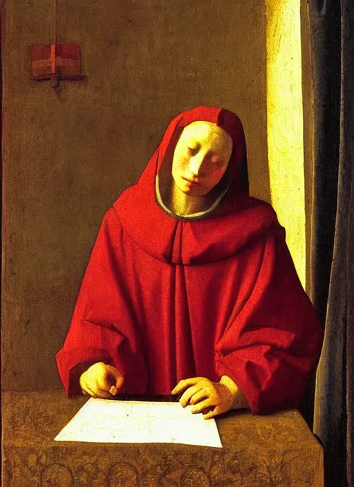 Prompt: red candle, medieval painting by jan van eyck, johannes vermeer, florence