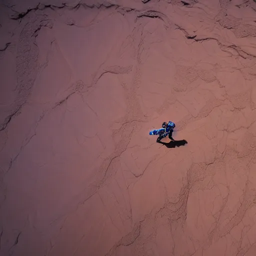 Prompt: An astronaut riding a cyborg pegasus with a large wingspan that's flying above a martian canyon at dusk, drone photography