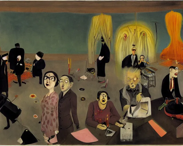 Image similar to the horror of beaurocracy, papers, horror, desks, office, waiting, stress, frustration, anger, crowded, harsh cinematic lighting, high qulity, 4 k, by charles addams and hilma af klint and affandi