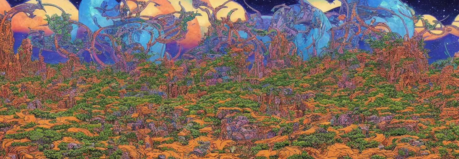 Prompt: beautiful landscape mural of a great advanced civilization in an alien planet, lush landscape, vivid colors, intricate, highly detailed, masterful, fantasy world, in the style of moebius, akira toriyama, jean giraud