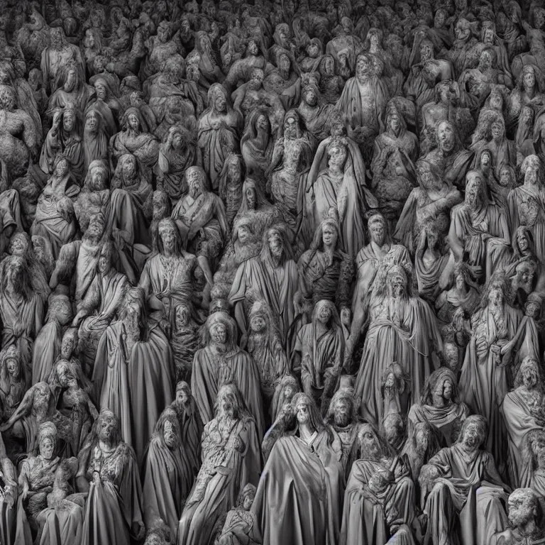 Image similar to octane render portrait by wayne barlow and carlo crivelli and glenn fabry, a huge crowd of people in giant black wavy billowing fabric cult robes inside an ancient greek mystery cult, worshipping a giant stone idol, cinema 4 d, ray traced lighting, very short depth of field, bokeh