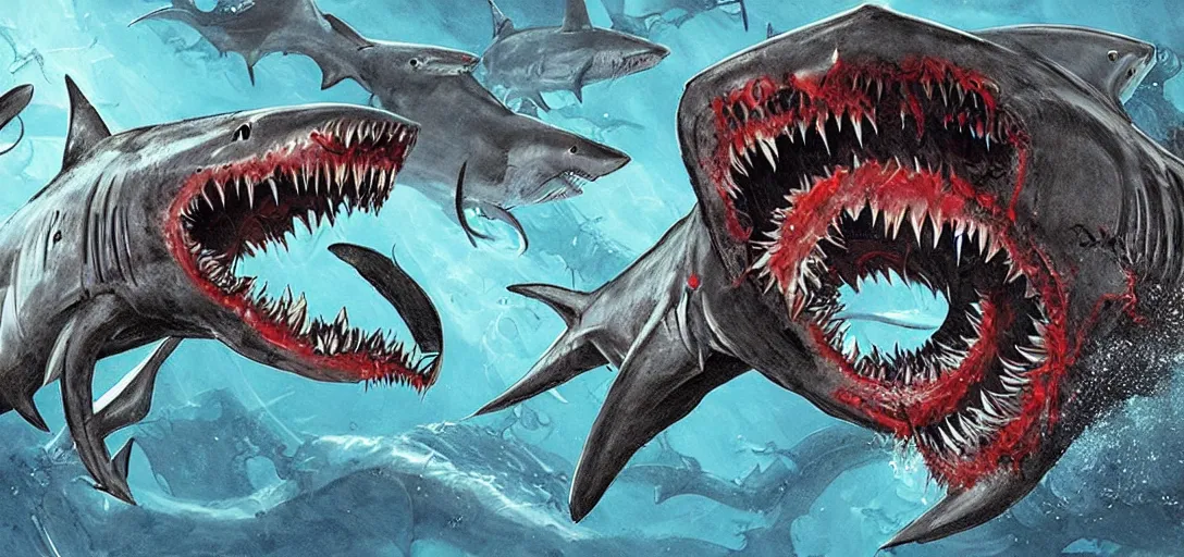 Image similar to concept art of shark attack, lovecraftian, lots of teeth, melting horror, fighting the horrors of the unknown with laser guns