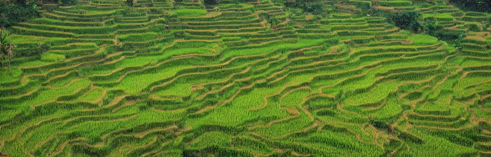 Prompt: A terrace paddy field in bali, rolling mountains, in the style of van gogh