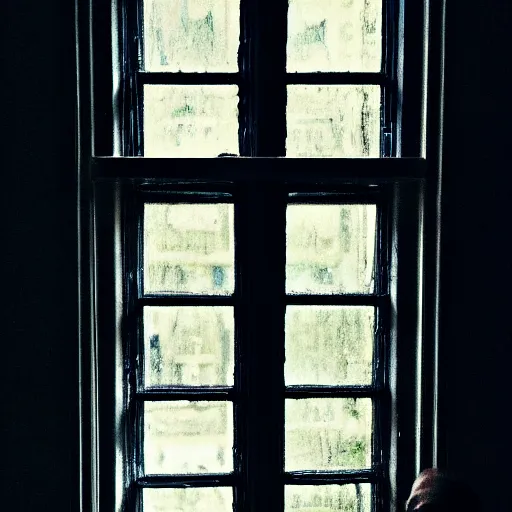 Prompt: photo of dark blue rainy bedroom window at night, creepy man staring in through thr window,