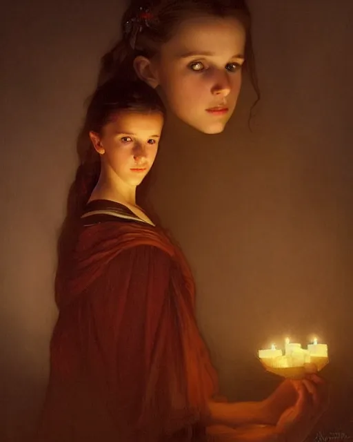 Image similar to a shadowy portrait painting of a shy, blushing 1 6 - year old alicia vikander or millie bobby brown as a princess lit only by candlelight in the darkness, intricate, elegant, highly detailed, artstation, concept art, by krenz cushart and donato giancola and william adolph bouguereau and alphonse mucha