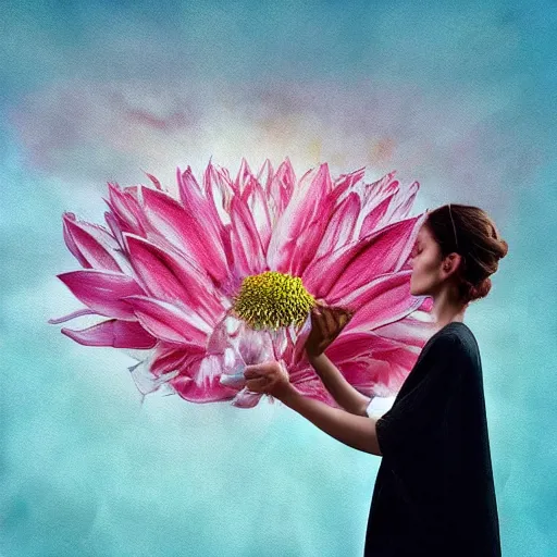 Image similar to huge flower as head, woman standing in a luxury apartment, surreal photography, dramatic light, impressionist painting, digital painting, artstation, georgia o'keeffe