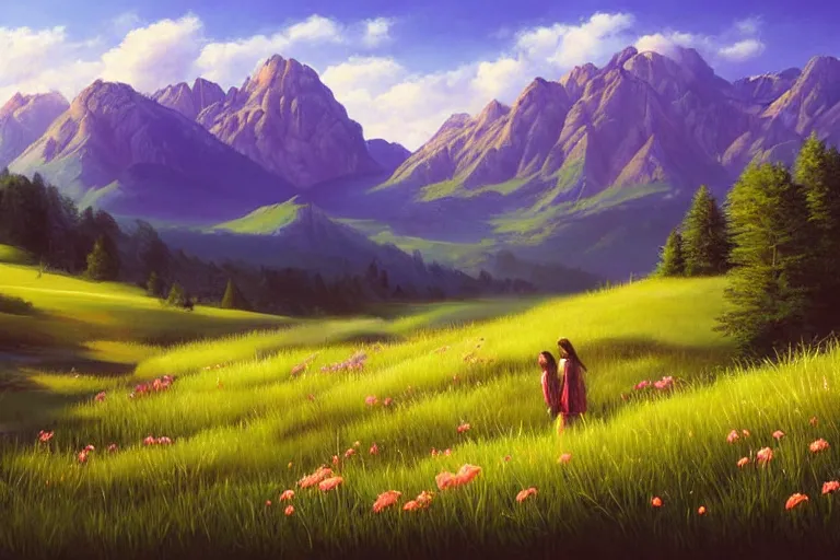 Image similar to landscape painting of meadows with mountainrange in background, nature, summer, fine details, magali villeneuve, artgerm, rutkowski