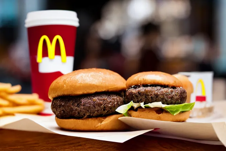 Prompt: mcdonalds bean burger in center of shot, commercial photograph