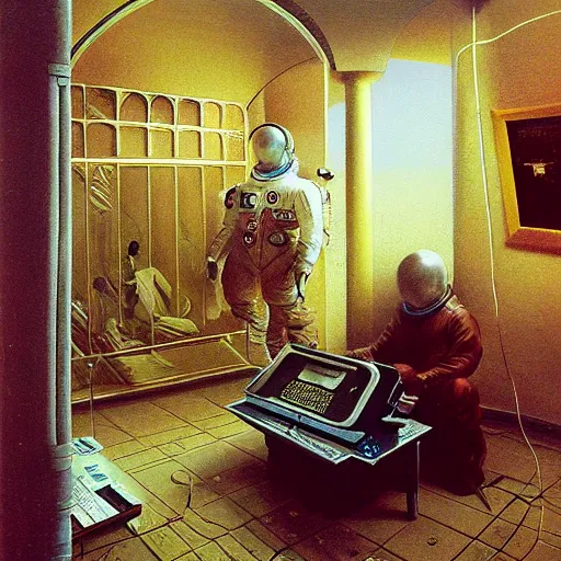 Image similar to an astronaut working on a 8 0 ’ s desktop computer in an old ornate art gallery. photorealistic. zdzisław beksinski, dariusz zawadzki, mariusz lewandowski highly detailed.