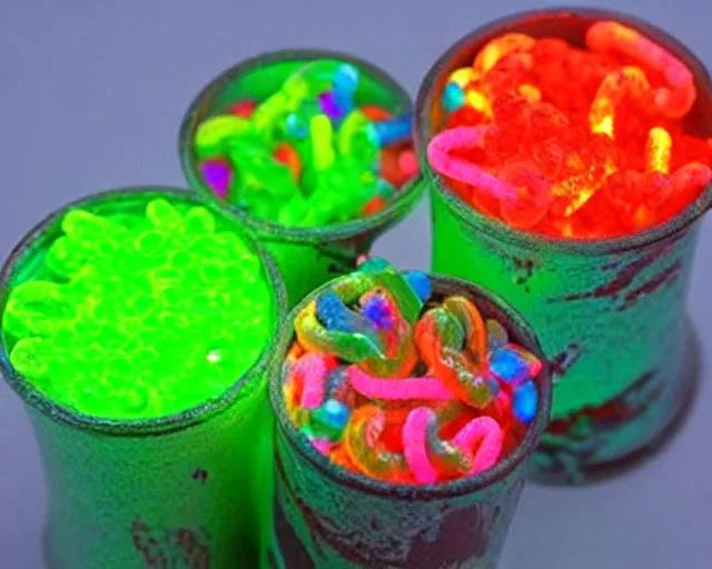 Prompt: energy drink made out of glowing ooze, candy worms, and mud.